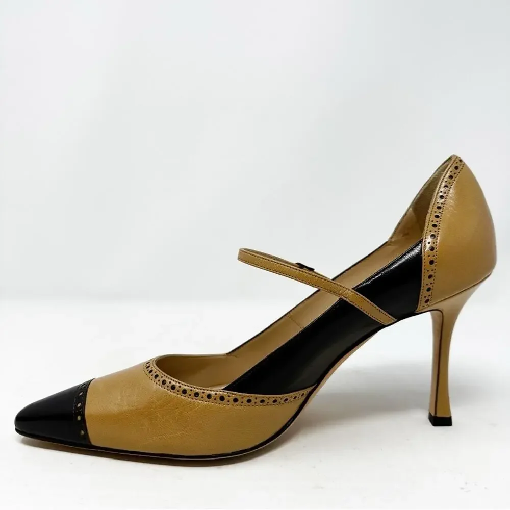 Manolo Blahnik Cap Toe Mary Jane Leather Heels Womens Size EU 39